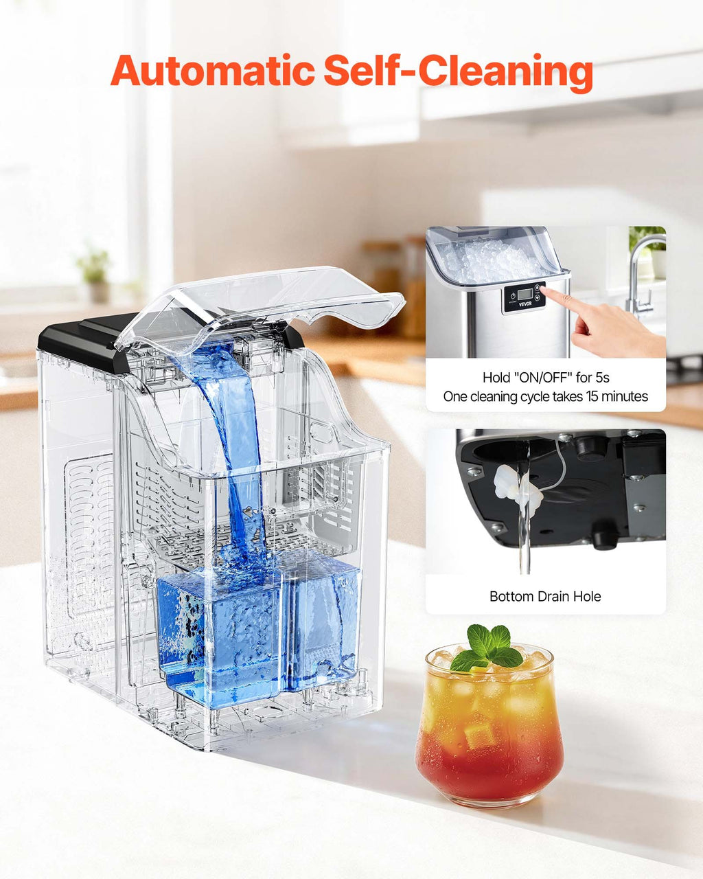 44lbs/Day Nugget Ice Maker, Self-Cleaning Countertop Ice Machine with Scoop & 4lb Basket