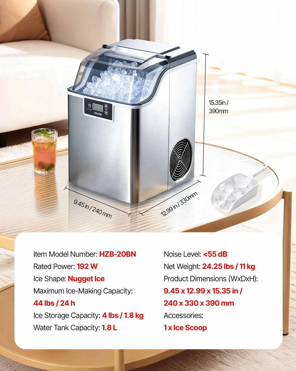 44lbs/Day Nugget Ice Maker, Self-Cleaning Countertop Ice Machine with Scoop & 4lb Basket