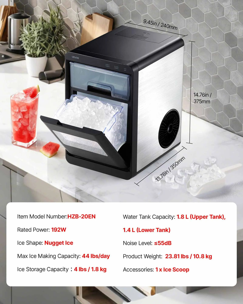 HZB-20EN 44LB Nugget Ice Maker Countertop, Self-Cleaning Portable Ice Machine