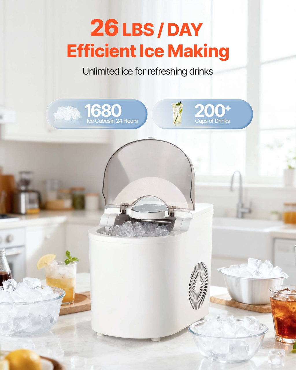 BS-004 Portable Countertop Ice Maker, 26 lbs/Day, 7 Cubes in 6 Mins, Self-Cleaning, 2 Ice Sizes