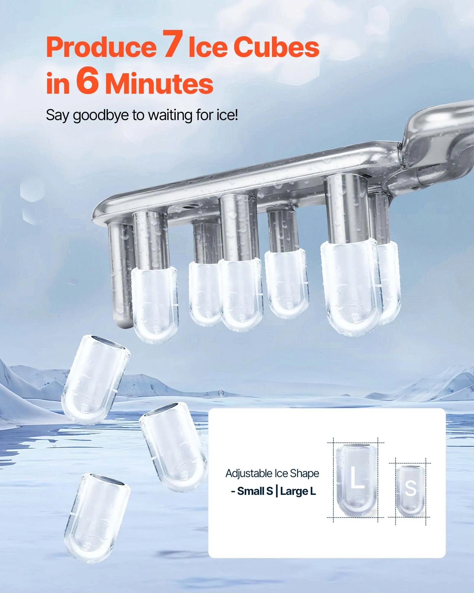 BS-004 Portable Countertop Ice Maker, 26 lbs/Day, 7 Cubes in 6 Mins, Self-Cleaning, 2 Ice Sizes