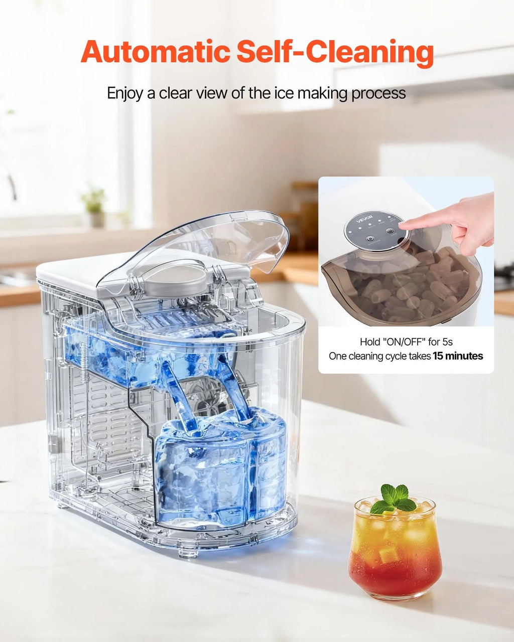 BS-004 Portable Countertop Ice Maker, 26 lbs/Day, 7 Cubes in 6 Mins, Self-Cleaning, 2 Ice Sizes