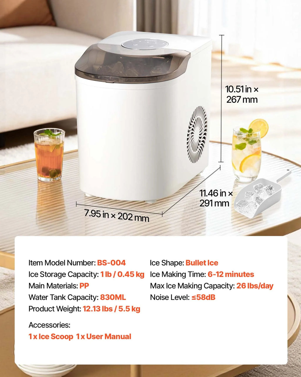 BS-004 Portable Countertop Ice Maker, 26 lbs/Day, 7 Cubes in 6 Mins, Self-Cleaning, 2 Ice Sizes