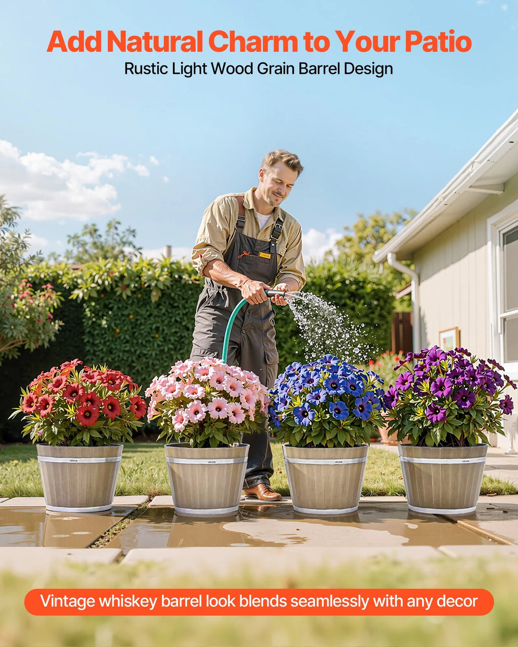 12 IN XUESONG POT 4-Pack 11.8" Whiskey Barrel Planters with Drainage Holes, Brown