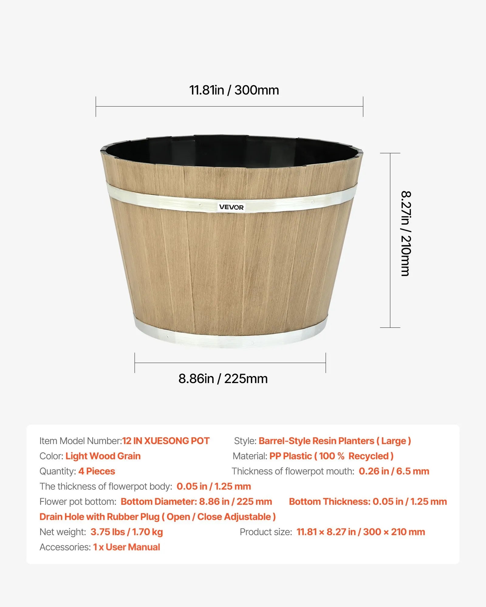 12 IN XUESONG POT 4-Pack 11.8" Whiskey Barrel Planters with Drainage Holes, Brown