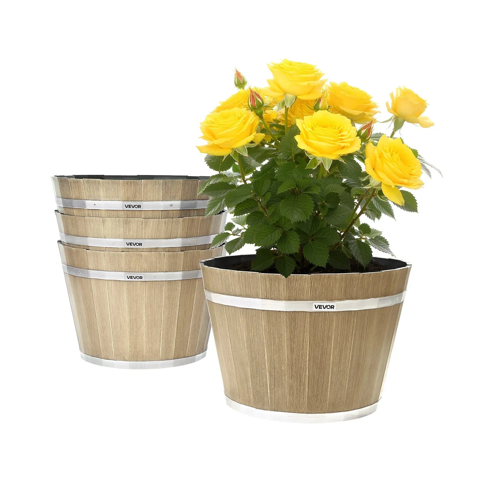 12 IN XUESONG POT 4-Pack 11.8" Whiskey Barrel Planters with Drainage Holes, Brown