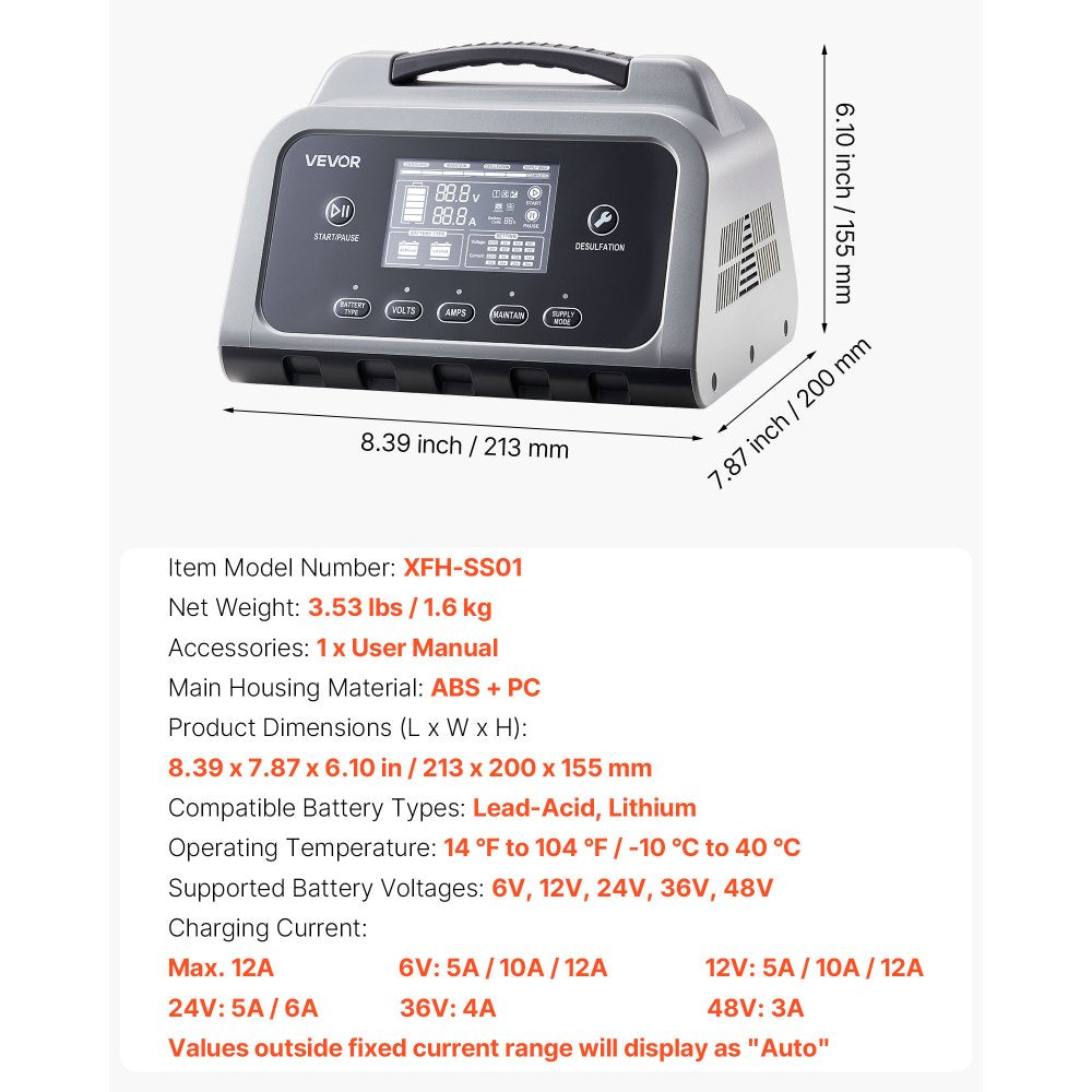 XFH-SS01 12A Smart Battery Charger 6V/12V/24V/36V/48V | Lithium LiFePO4 & Lead-Acid AGM Gel Battery Charger with LCD Display, Trickle Maintainer & Desulfator