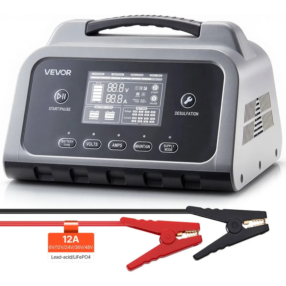 XFH-SS01 12A Smart Battery Charger 6V/12V/24V/36V/48V | Lithium LiFePO4 & Lead-Acid AGM Gel Battery Charger with LCD Display, Trickle Maintainer & Desulfator
