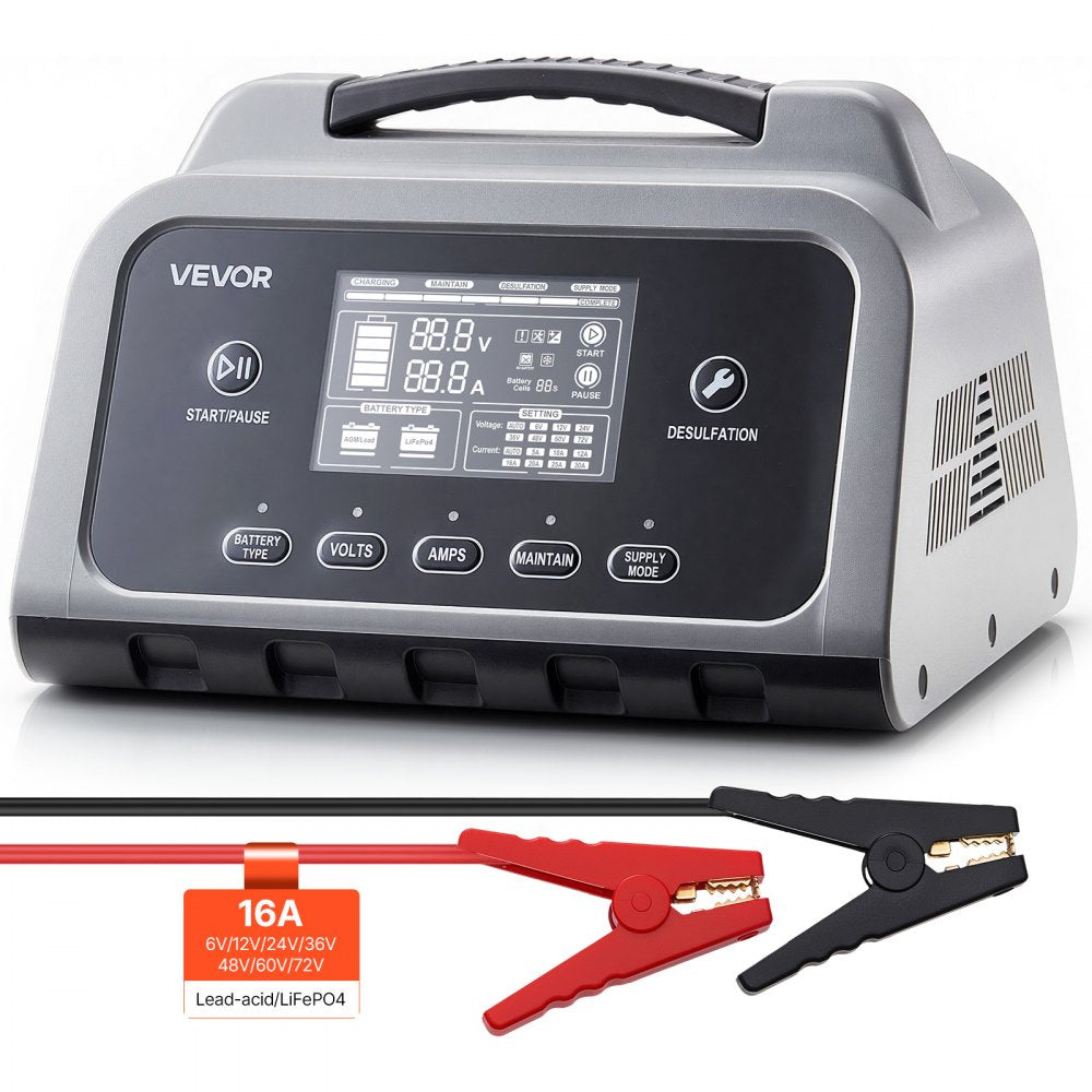 XFH-SS02 16A Smart Battery Charger 6V-72V | Lithium LiFePO4 & Lead-Acid (AGM/GEL) Battery Charger with LCD Display, Trickle Maintainer & Desulfator