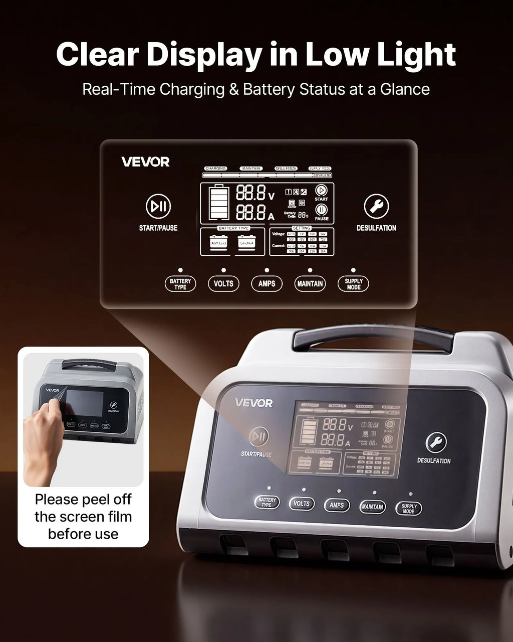 XFH-SS02 16A Smart Battery Charger 6V-72V | Lithium LiFePO4 & Lead-Acid (AGM/GEL) Battery Charger with LCD Display, Trickle Maintainer & Desulfator