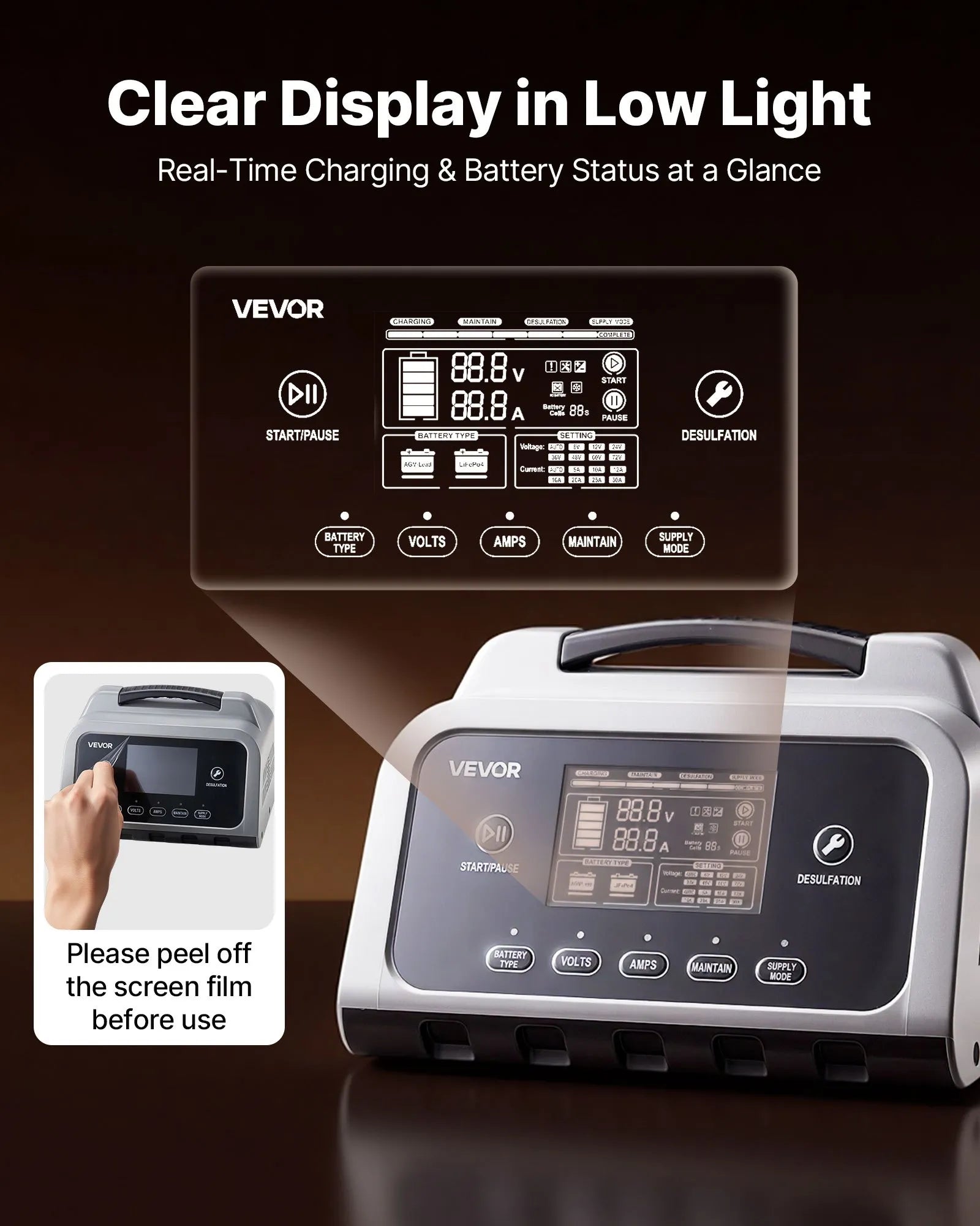 XFH-SS02 16A Smart Battery Charger 6V-72V | Lithium LiFePO4 & Lead-Acid (AGM/GEL) Battery Charger with LCD Display, Trickle Maintainer & Desulfator