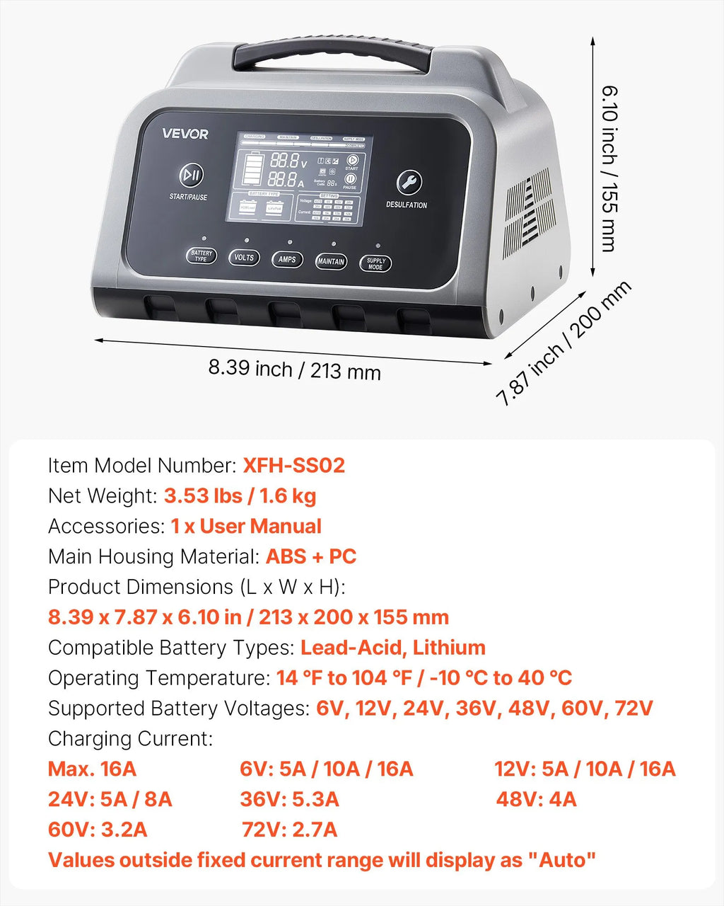 XFH-SS02 16A Smart Battery Charger 6V-72V | Lithium LiFePO4 & Lead-Acid (AGM/GEL) Battery Charger with LCD Display, Trickle Maintainer & Desulfator