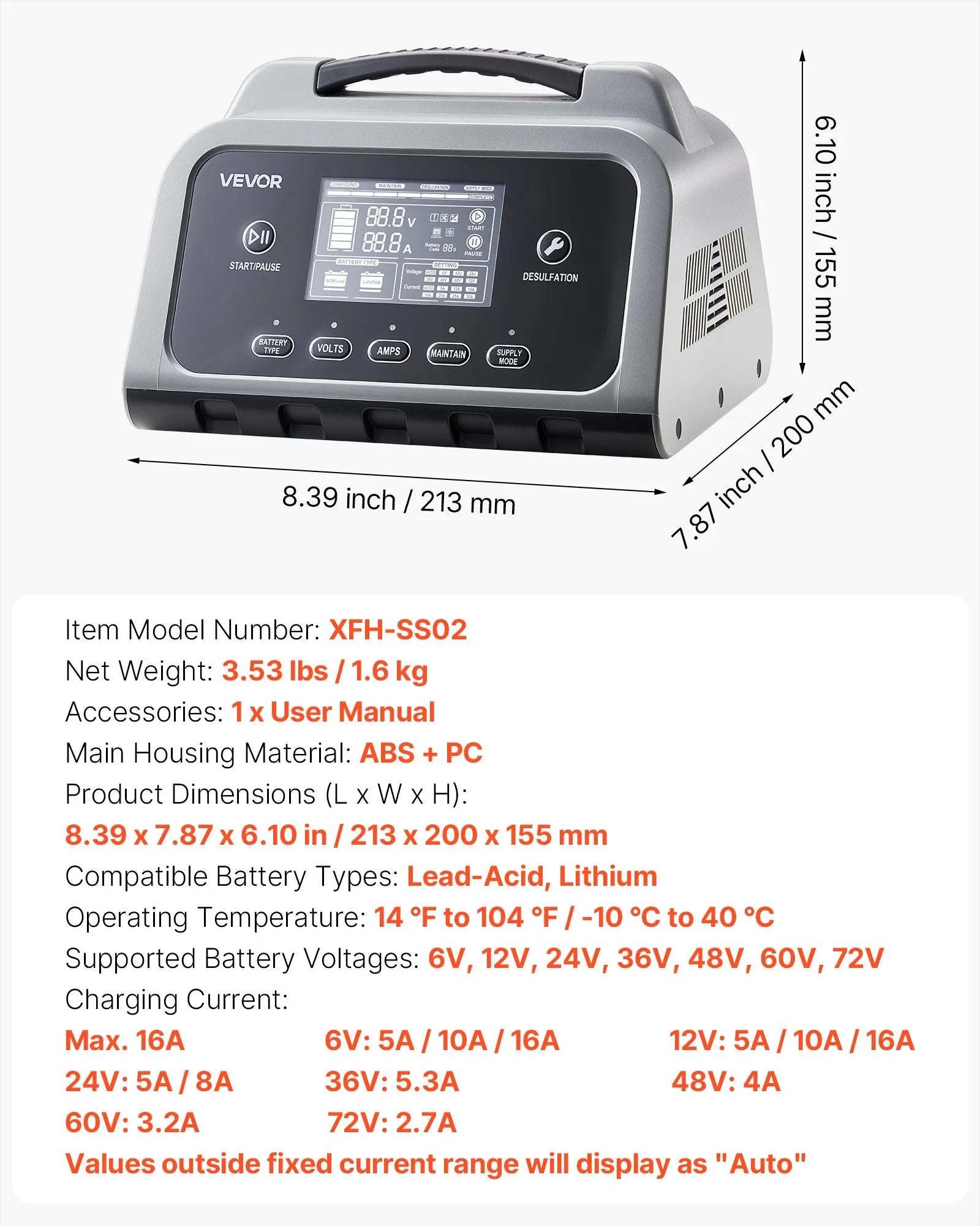 XFH-SS02 16A Smart Battery Charger 6V-72V | Lithium LiFePO4 & Lead-Acid (AGM/GEL) Battery Charger with LCD Display, Trickle Maintainer & Desulfator