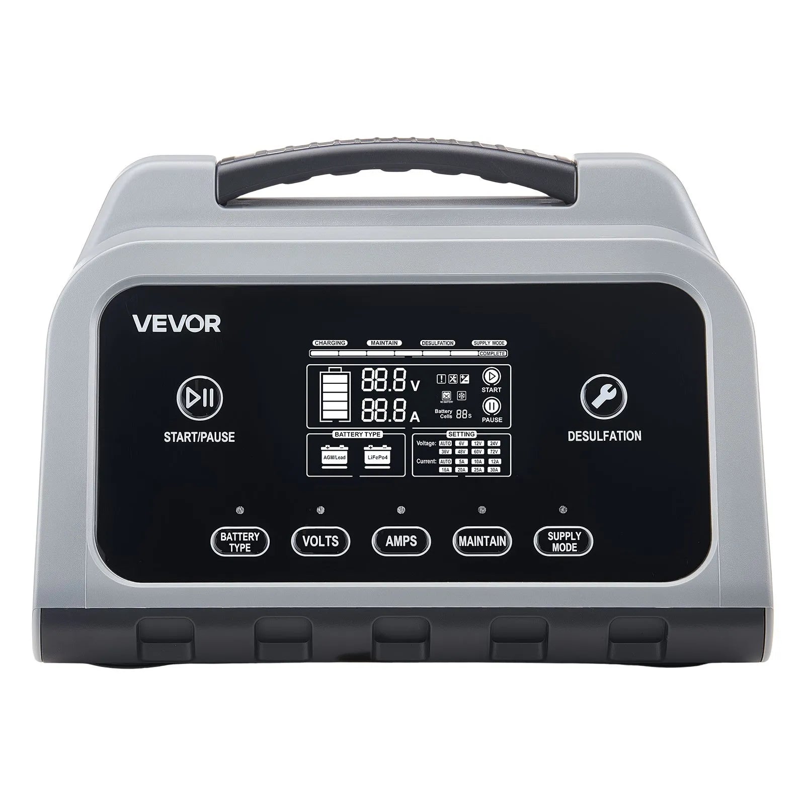 XFH-SS02 16A Smart Battery Charger 6V-72V | Lithium LiFePO4 & Lead-Acid (AGM/GEL) Battery Charger with LCD Display, Trickle Maintainer & Desulfator