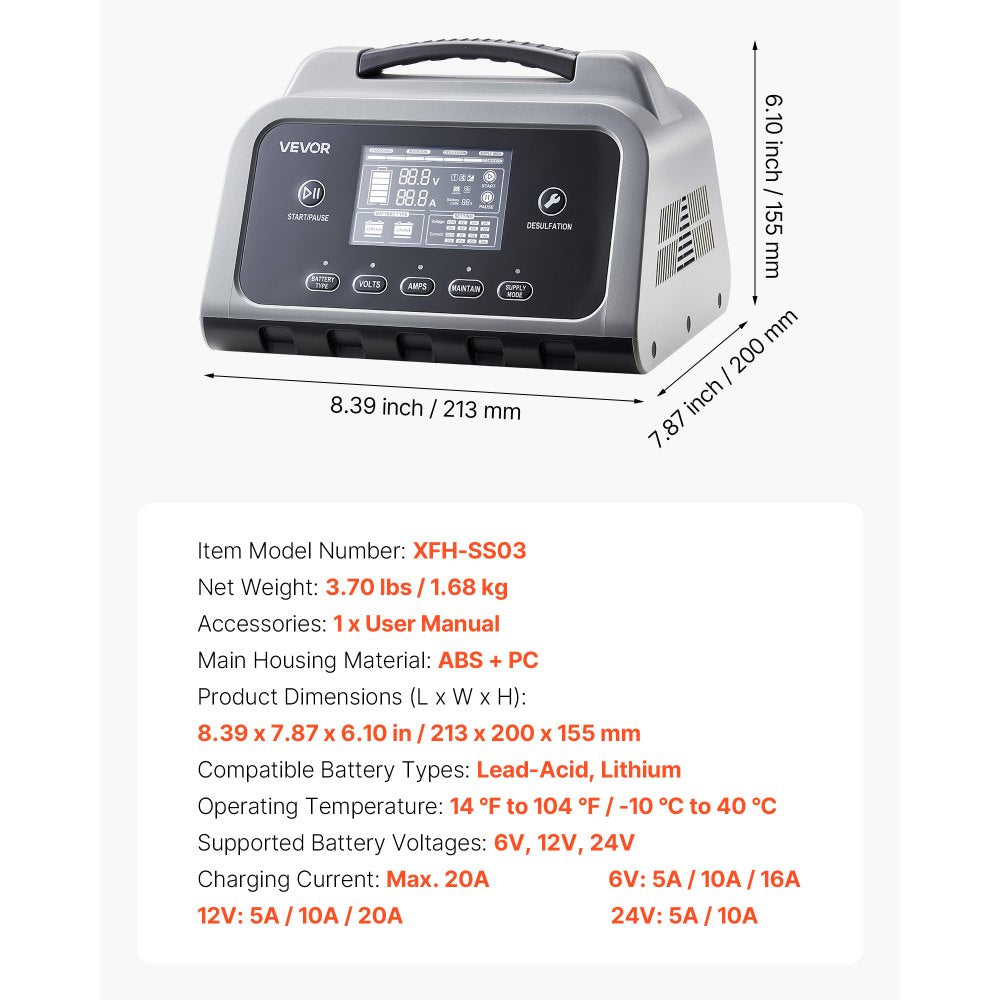 XFH-SS03 20A Smart Battery Charger 6V/12V/24V | Lithium LiFePO4 & Lead-Acid AGM Gel Battery Charger with LCD Display, Trickle Maintainer & Desulfator