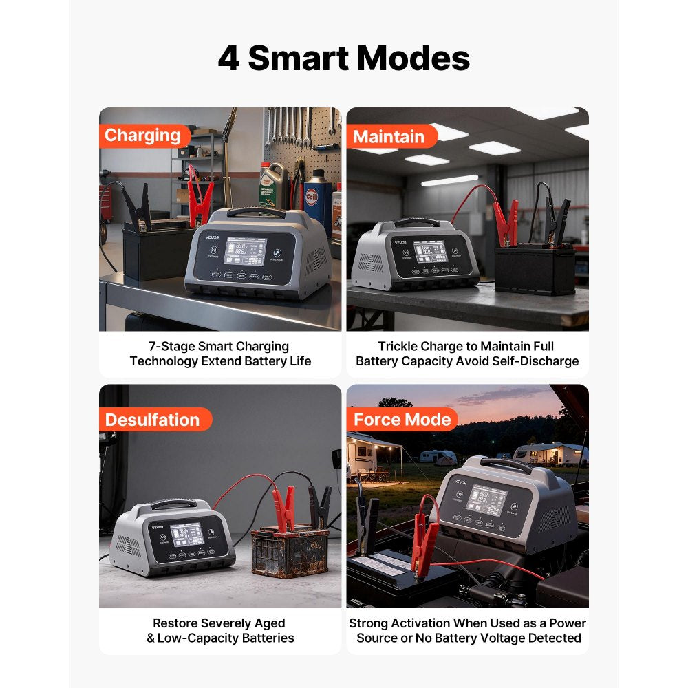 XFH-SS04 25A Smart Battery Charger 6V/12V/24V | Lithium LiFePO4 & Lead-Acid AGM Gel Battery Charger with LCD Display, Trickle Maintainer & Desulfator