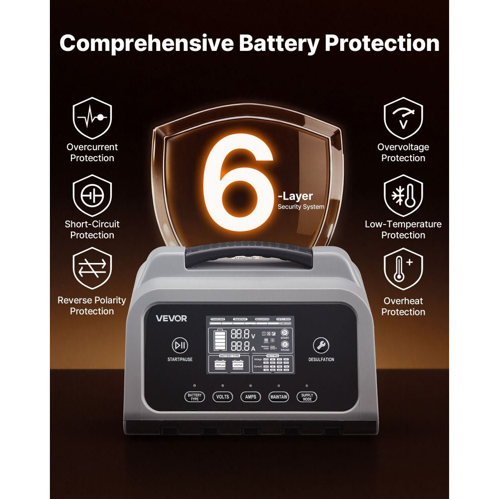 XFH-SS05 Smart Battery Charger 6V/12V/24V | LiFePO4 & Lead-Acid (AGM, Gel, EFB) Lithium Battery Charger with LCD Display, Trickle Maintainer & Desulfator
