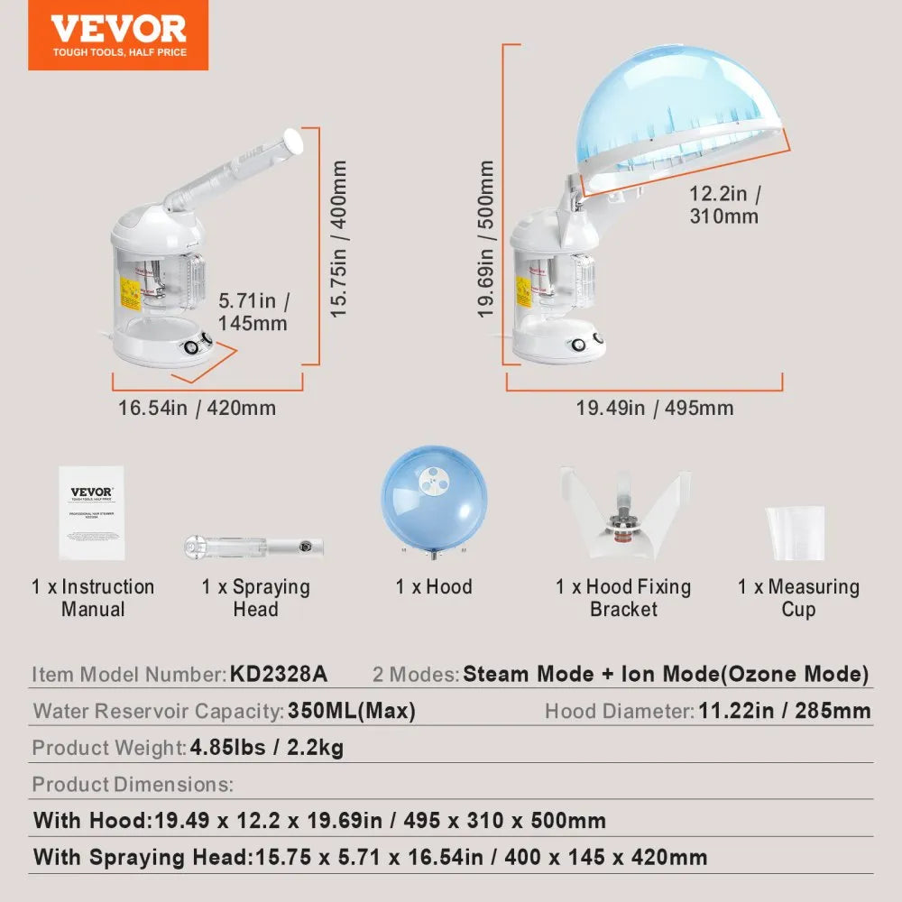KD2328A 2-in-1 Professional Hair & Facial Nano Ionic Steamer with Detachable Hood