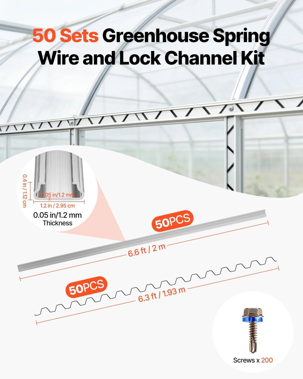 LD10 Greenhouse Spring Wire & Lock Channel Kit, 50-Pack 6.6 ft PVC-Coated Wiggle Wire with Aluminum Lock Channels & Screws for Poly Film & Shade Cloth
