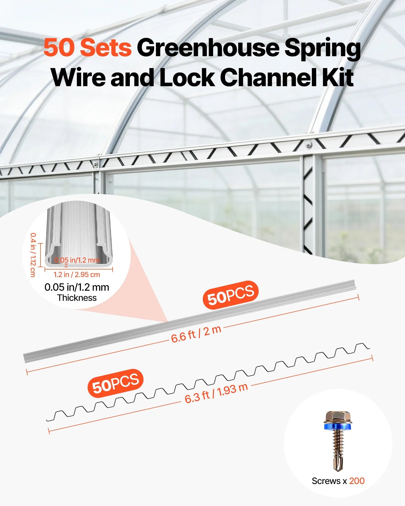 LD10 Greenhouse Spring Wire & Lock Channel Kit, 50-Pack 6.6 ft PVC-Coated Wiggle Wire with Aluminum Lock Channels & Screws for Poly Film & Shade Cloth