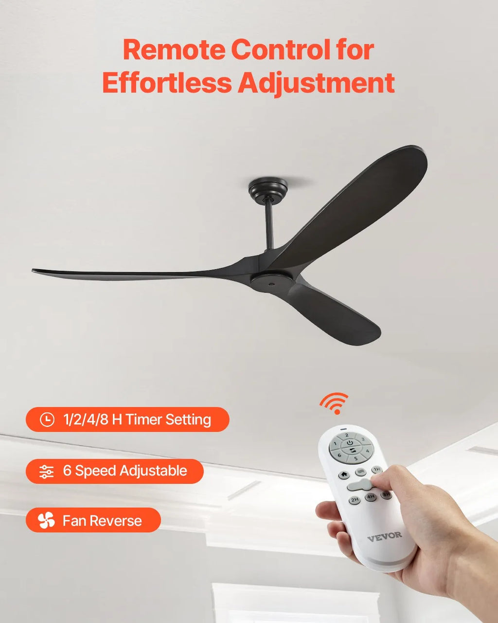 FR25048NL 72-Inch Black Ceiling Fan Without Light – 3 Solid Wood Blades, 6-Speed Remote Control, Reversible DC Motor, Indoor & Outdoor