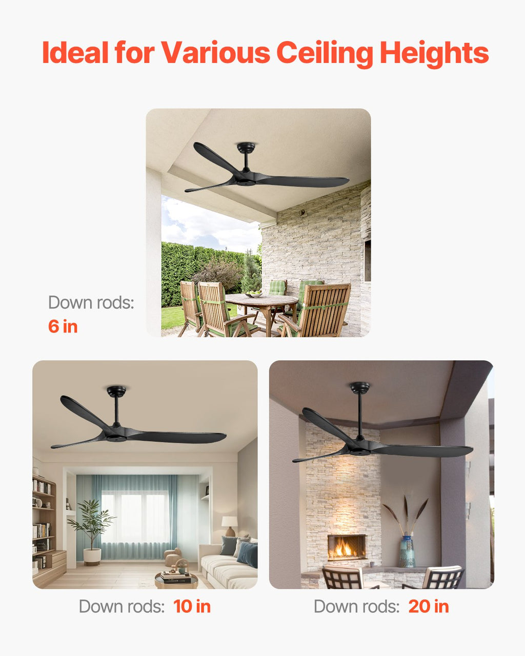 FR25048NL 72-Inch Black Ceiling Fan Without Light – 3 Solid Wood Blades, 6-Speed Remote Control, Reversible DC Motor, Indoor & Outdoor