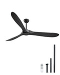FR25048NL 72-Inch Black Ceiling Fan Without Light – 3 Solid Wood Blades, 6-Speed Remote Control, Reversible DC Motor, Indoor & Outdoor