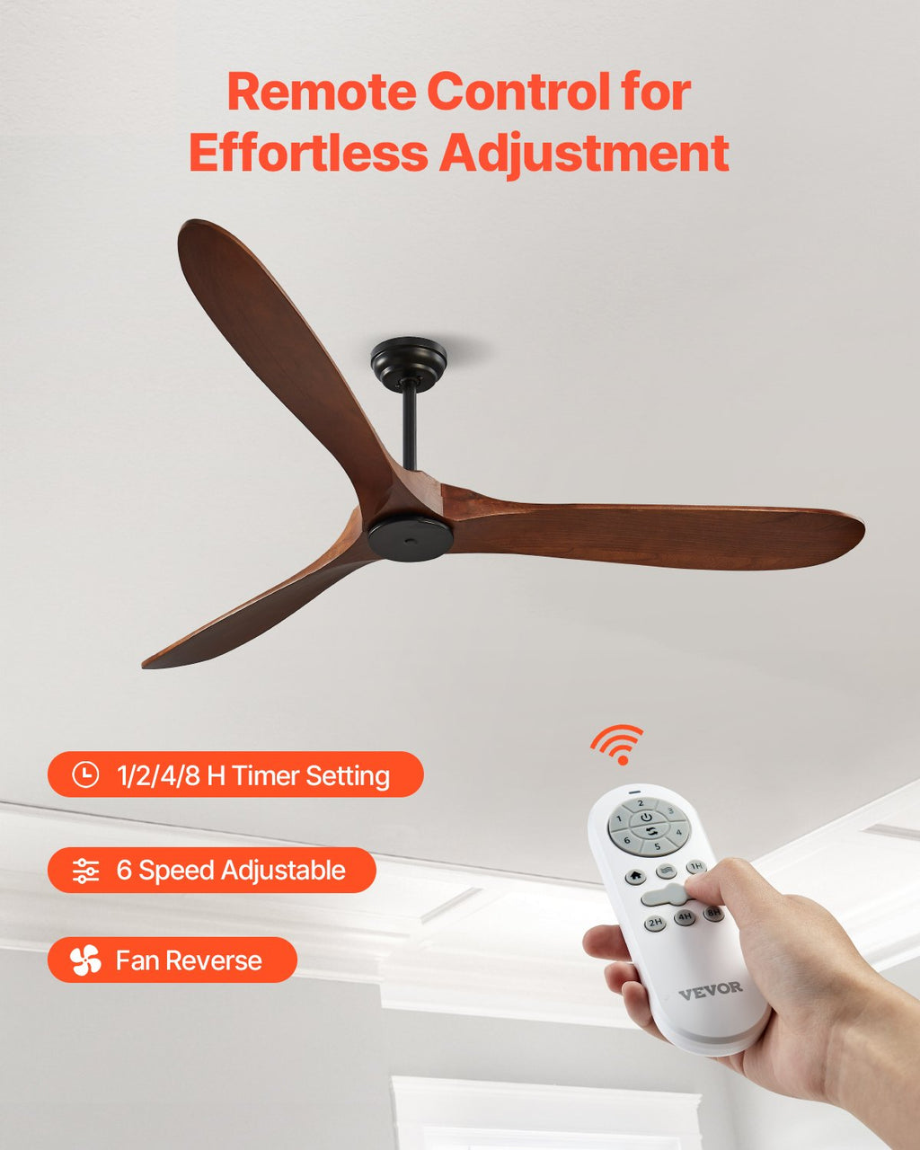 FR25048NL-72"DB 72-Inch Walnut Ceiling Fan Without Light – 6-Speed Remote Control, Reversible DC Motor, 3 Solid Wood Blades for Indoor & Outdoor Use