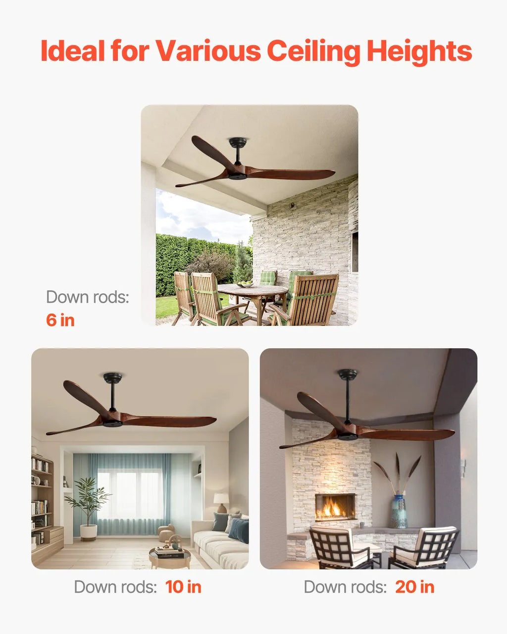 FR25048NL-72"DB 72-Inch Walnut Ceiling Fan Without Light – 6-Speed Remote Control, Reversible DC Motor, 3 Solid Wood Blades for Indoor & Outdoor Use