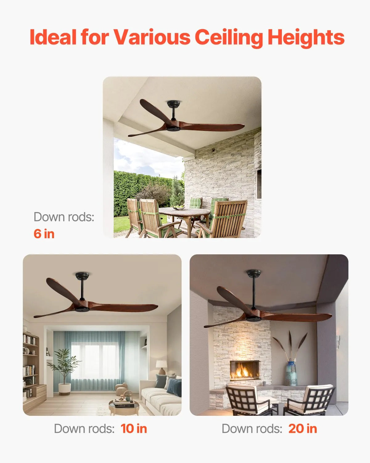FR25048NL-72"DB 72-Inch Walnut Ceiling Fan Without Light – 6-Speed Remote Control, Reversible DC Motor, 3 Solid Wood Blades for Indoor & Outdoor Use