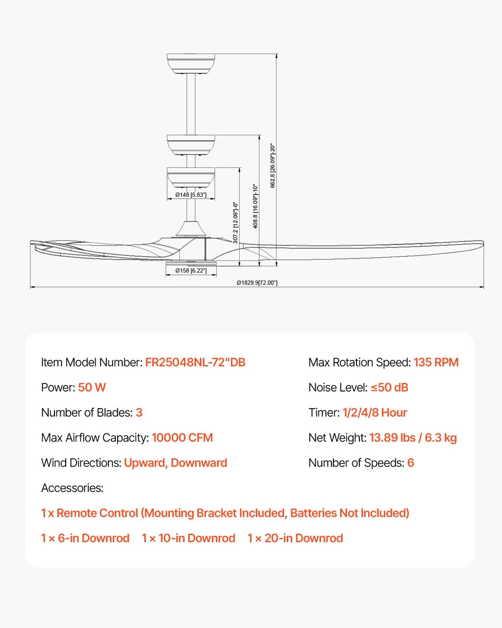 FR25048NL-72"DB 72-Inch Walnut Ceiling Fan Without Light – 6-Speed Remote Control, Reversible DC Motor, 3 Solid Wood Blades for Indoor & Outdoor Use