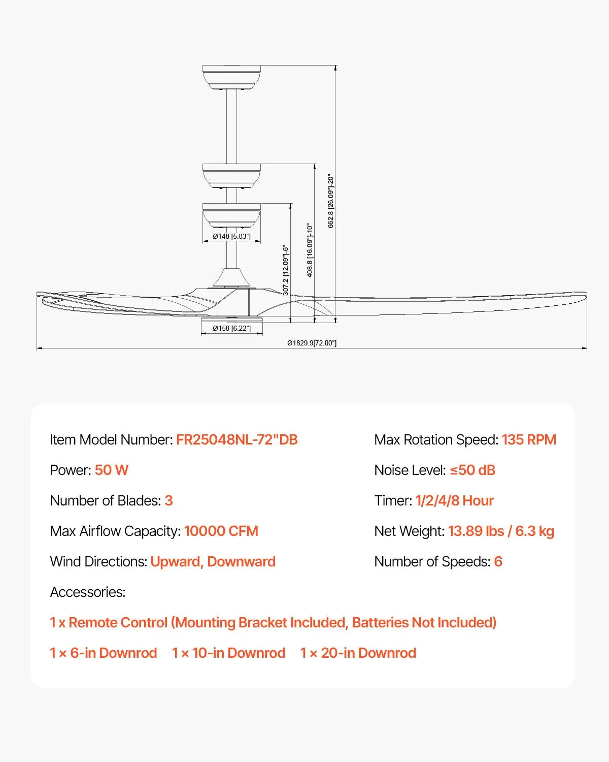 FR25048NL-72"DB 72-Inch Walnut Ceiling Fan Without Light – 6-Speed Remote Control, Reversible DC Motor, 3 Solid Wood Blades for Indoor & Outdoor Use