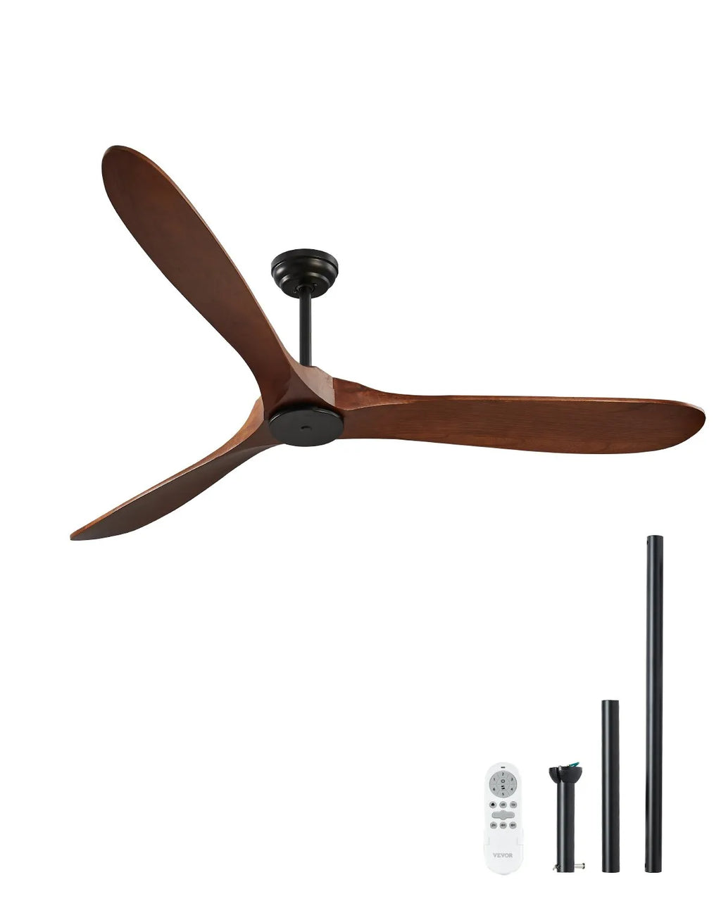 FR25048NL-72"DB 72-Inch Walnut Ceiling Fan Without Light – 6-Speed Remote Control, Reversible DC Motor, 3 Solid Wood Blades for Indoor & Outdoor Use