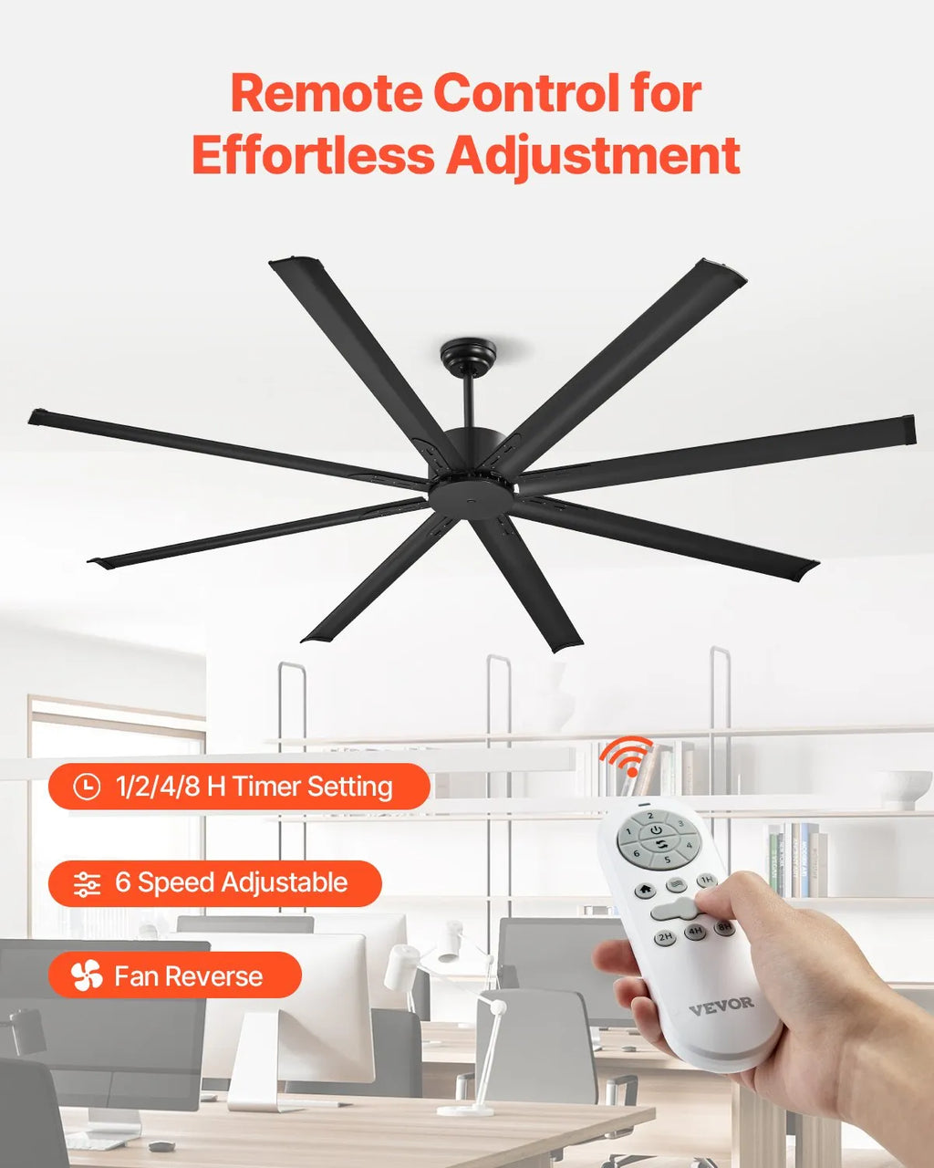 FR25049NL-84"MBK 84" Modern Ceiling Fan Without Light, 8 Aluminum Blades, 6-Speed Remote Control, Reversible DC Motor, Low Profile Indoor Ceiling Fan for Bedroom, Living Room & Patio – Black