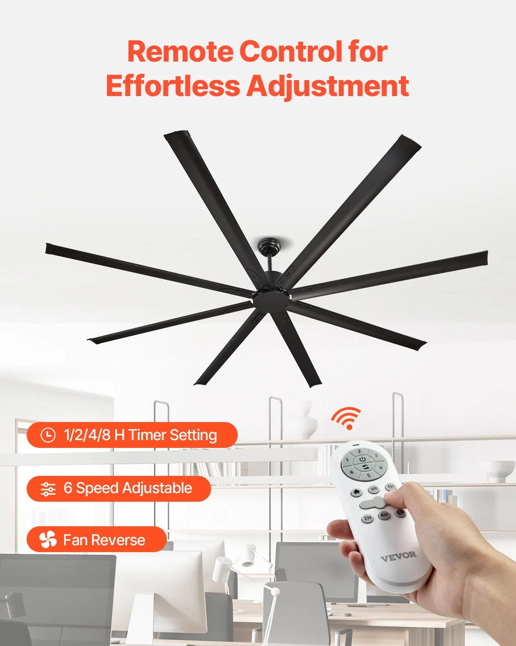 FR25049NL-96"MBK 96" Industrial Ceiling Fan Without Light, 8 Aluminum Blades, 6-Speed Remote Control, Reversible 54W DC Motor, Indoor/Outdoor Modern Ceiling Fan, Black