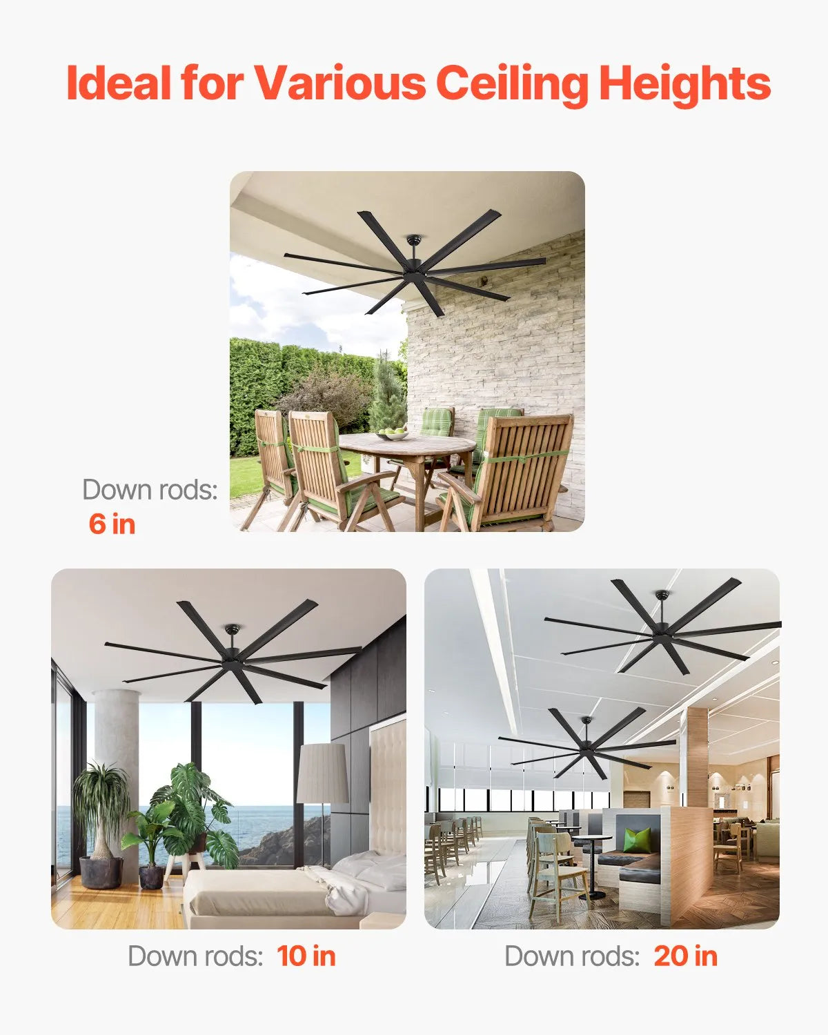 FR25049NL-96"MBK 96" Industrial Ceiling Fan Without Light, 8 Aluminum Blades, 6-Speed Remote Control, Reversible 54W DC Motor, Indoor/Outdoor Modern Ceiling Fan, Black