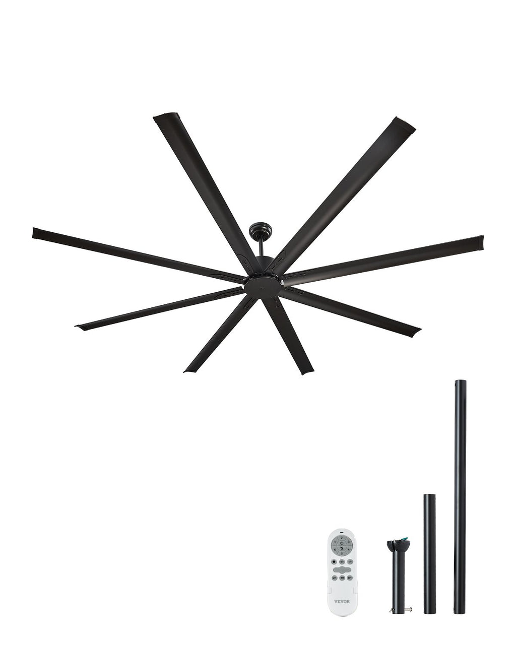 FR25049NL-96"MBK 96" Industrial Ceiling Fan Without Light, 8 Aluminum Blades, 6-Speed Remote Control, Reversible 54W DC Motor, Indoor/Outdoor Modern Ceiling Fan, Black