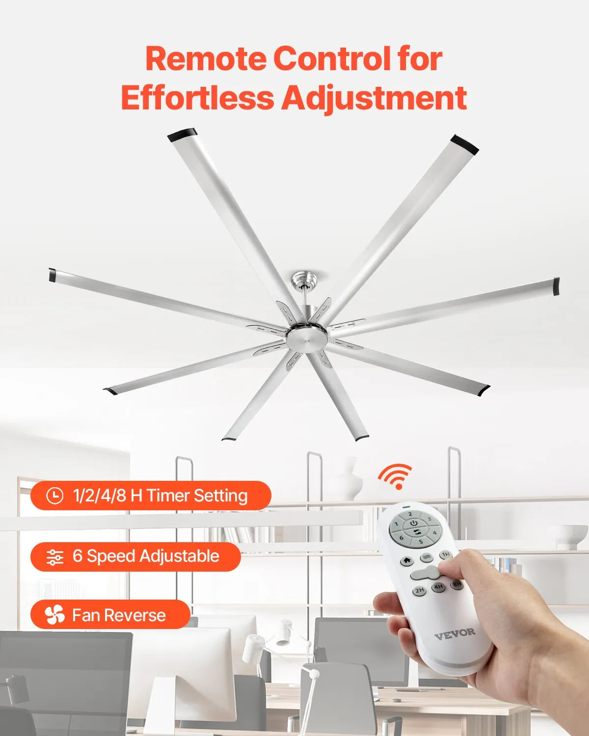 FR25049NL 96" Modern Ceiling Fan Without Light, 8 Aluminum Blades, 6-Speed Remote Control, Reversible DC Motor, Brushed Nickel, Indoor & Outdoor