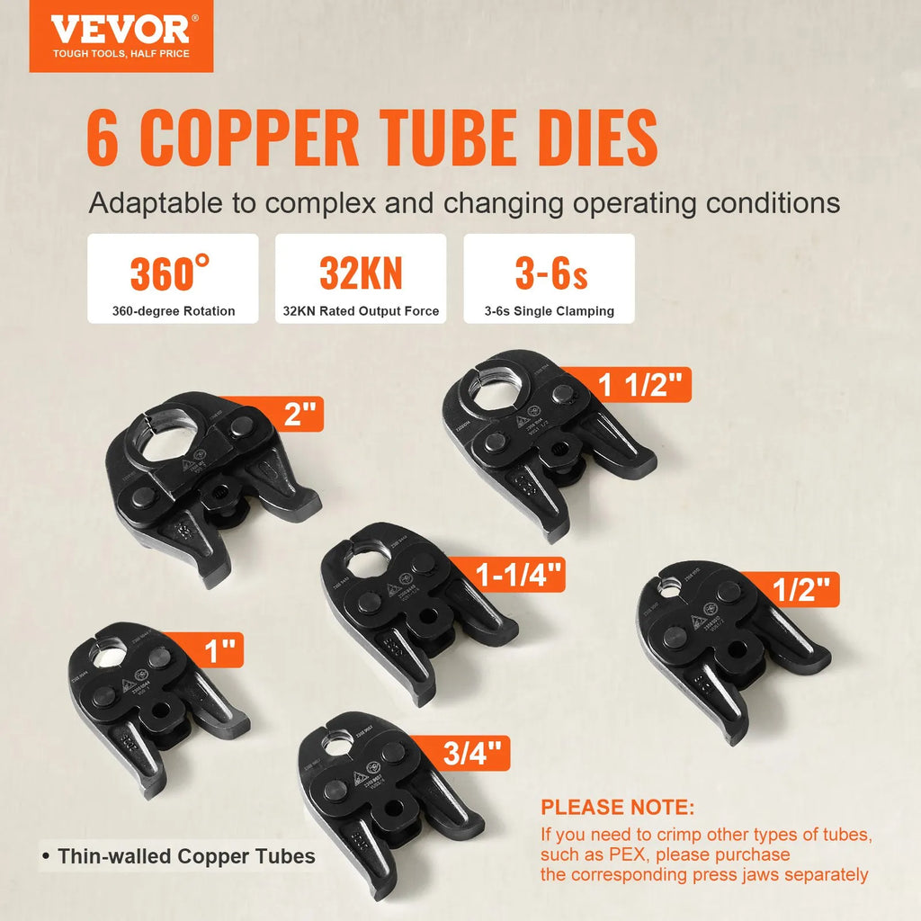 EB-1550 18V Electric Pipe Press Tool 32KN with 6 Crimping Jaws, Brushless Motor, 1/2"–2" Copper Pipe Crimper