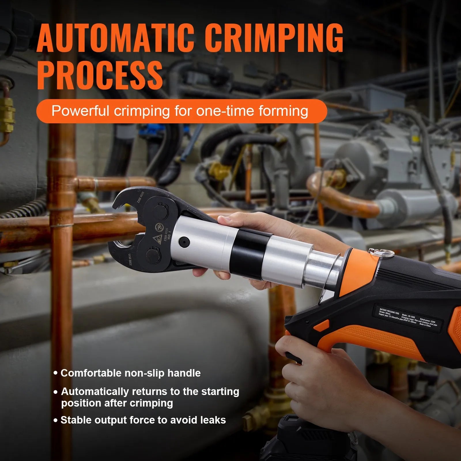 EB-1550 18V Electric Pipe Press Tool 32KN with 6 Crimping Jaws, Brushless Motor, 1/2"–2" Copper Pipe Crimper