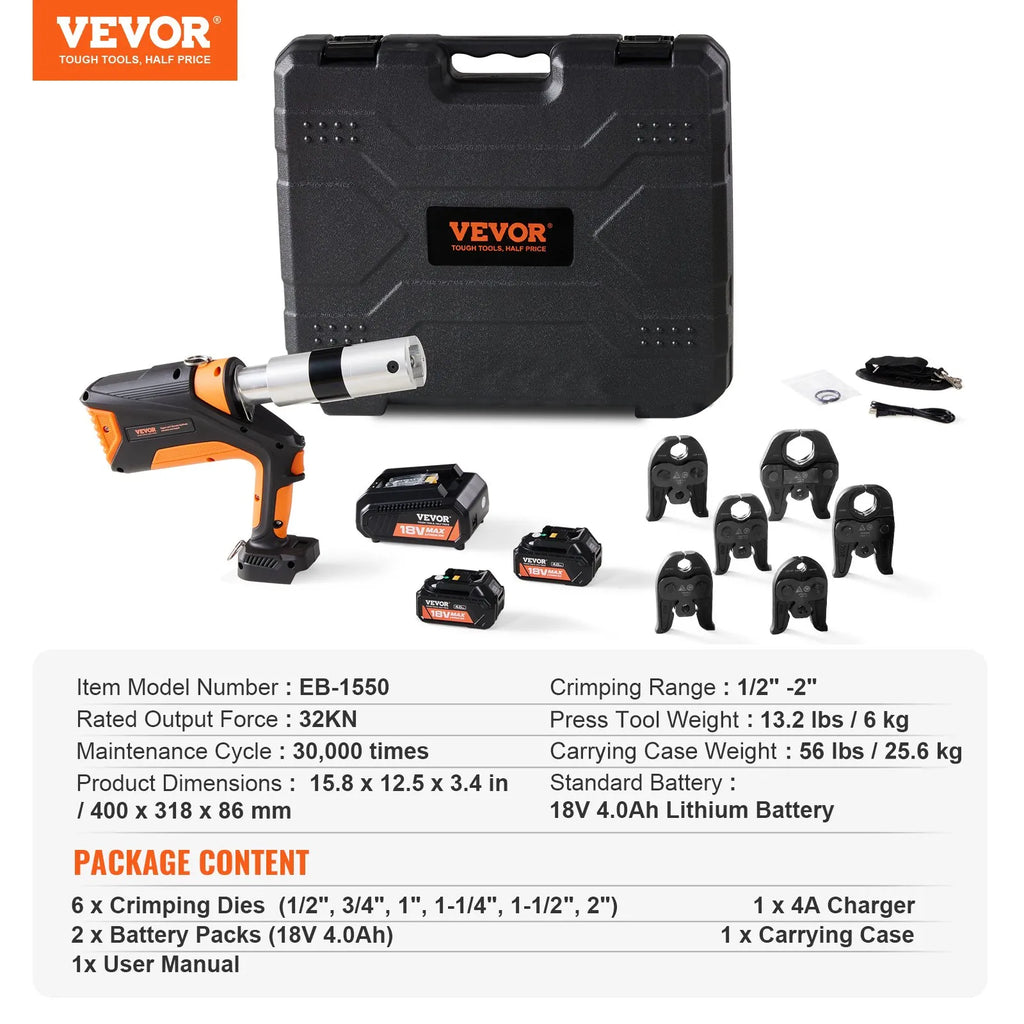 EB-1550 18V Electric Pipe Press Tool 32KN with 6 Crimping Jaws, Brushless Motor, 1/2"–2" Copper Pipe Crimper