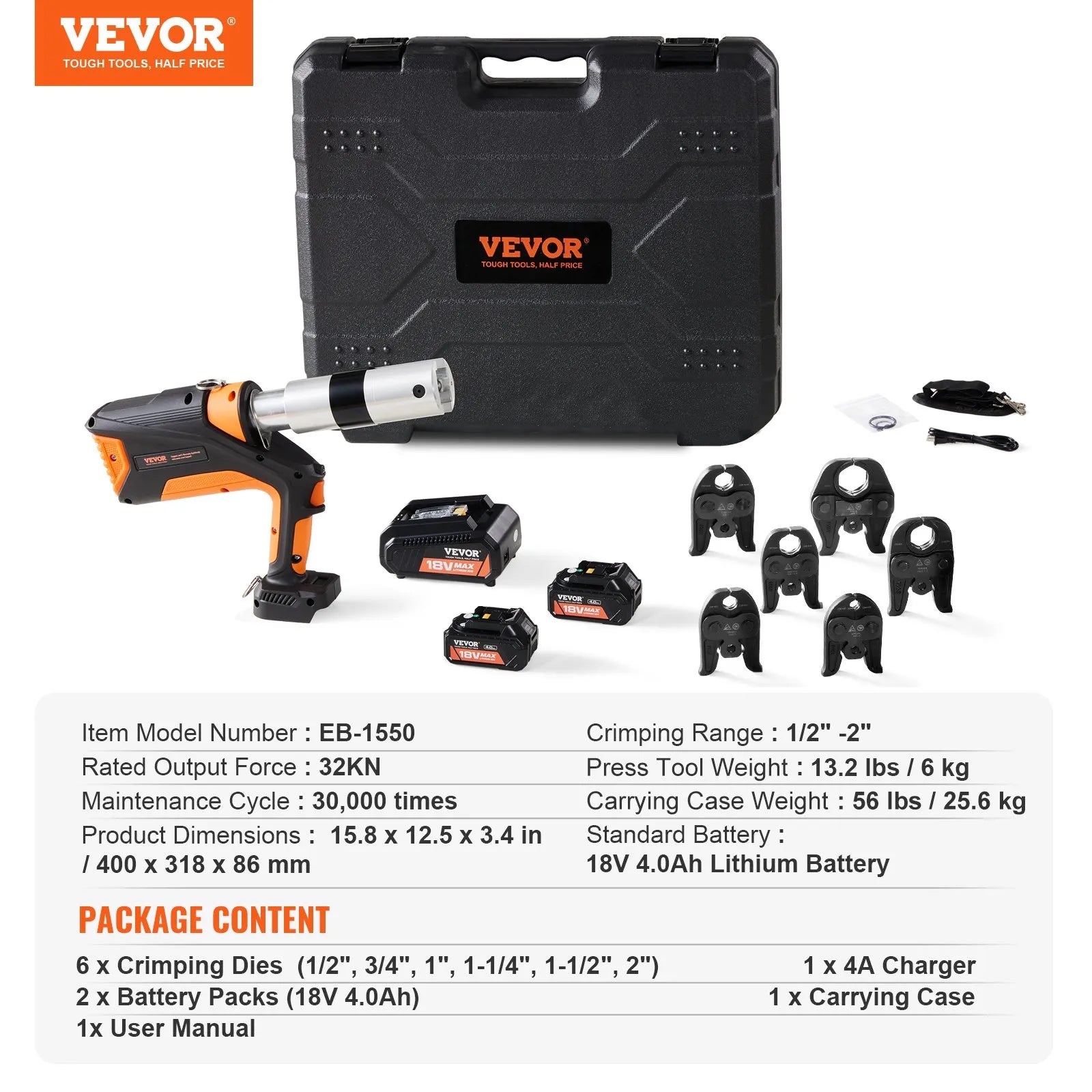 EB-1550 18V Electric Pipe Press Tool 32KN with 6 Crimping Jaws, Brushless Motor, 1/2"–2" Copper Pipe Crimper