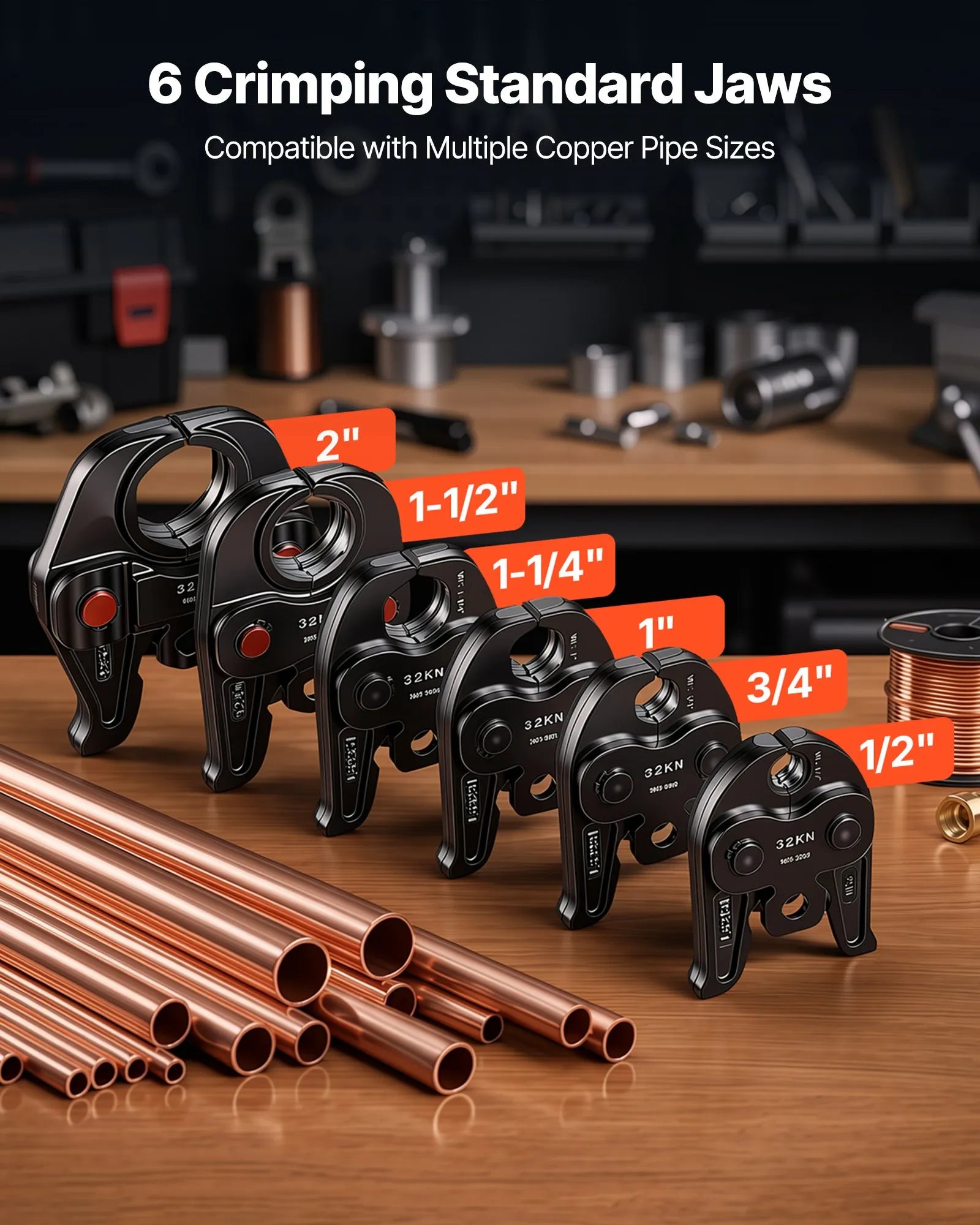 PZ-3240 18V Electric Pipe Crimping Press Tool Kit with 6 VUS Jaws, 32KN Hydraulic Force, Brushless Motor & Dual 4.0Ah Batteries for 1/2"–2" Copper Pipes