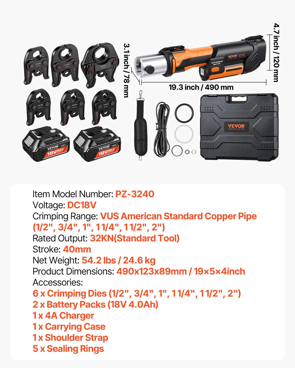 PZ-3240 18V Electric Pipe Crimping Press Tool Kit with 6 VUS Jaws, 32KN Hydraulic Force, Brushless Motor & Dual 4.0Ah Batteries for 1/2"–2" Copper Pipes
