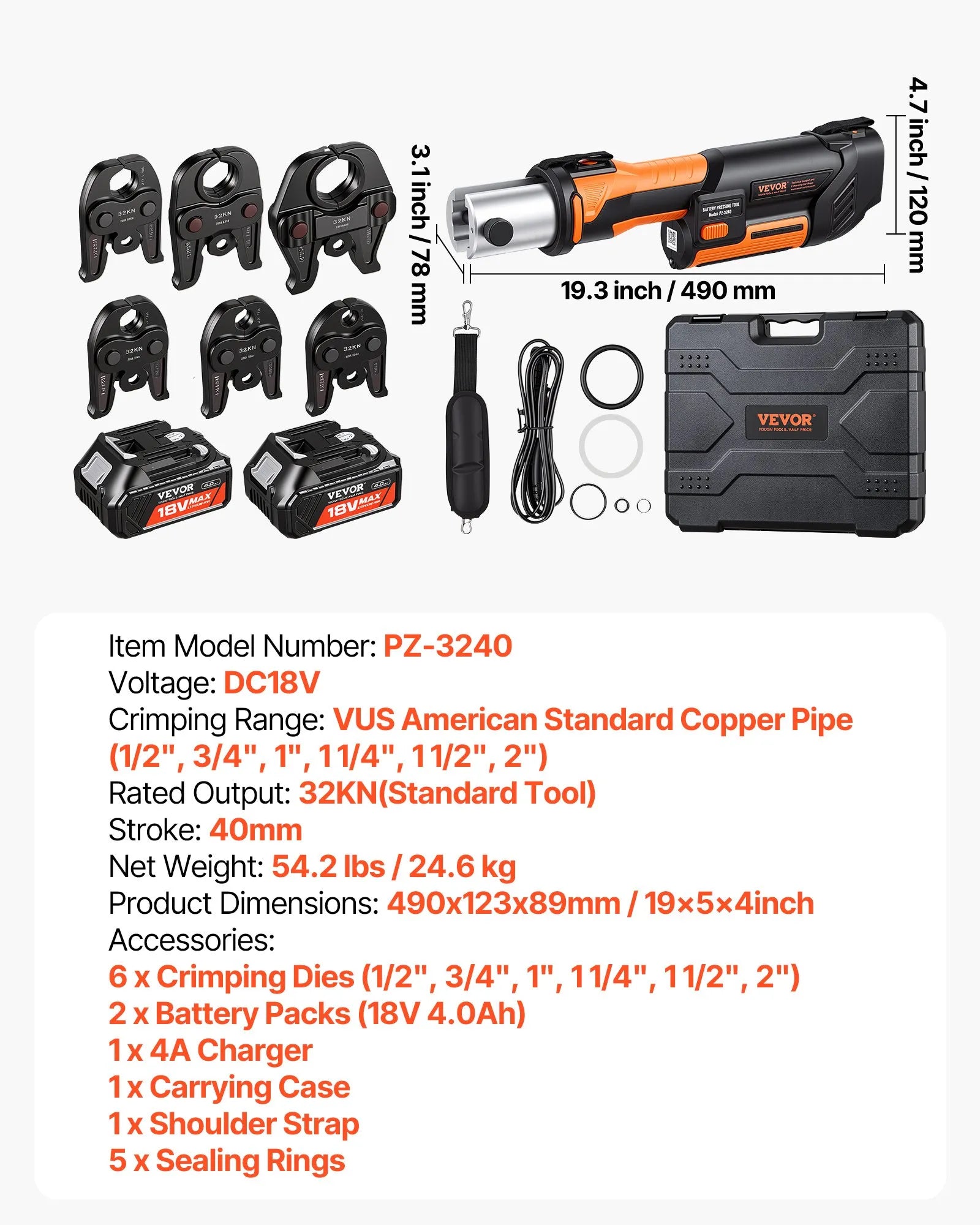 PZ-3240 18V Electric Pipe Crimping Press Tool Kit with 6 VUS Jaws, 32KN Hydraulic Force, Brushless Motor & Dual 4.0Ah Batteries for 1/2"–2" Copper Pipes