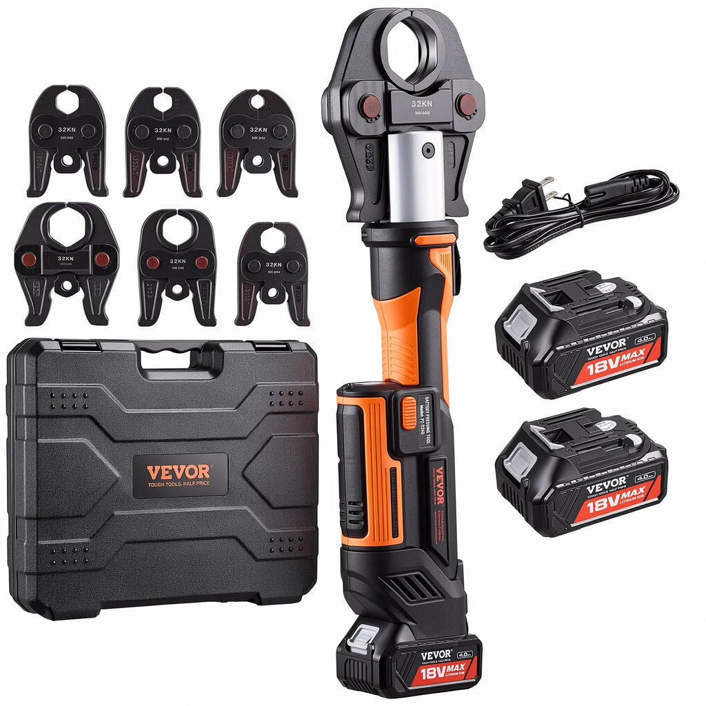 PZ-3240 18V Electric Pipe Crimping Press Tool Kit with 6 VUS Jaws, 32KN Hydraulic Force, Brushless Motor & Dual 4.0Ah Batteries for 1/2"–2" Copper Pipes