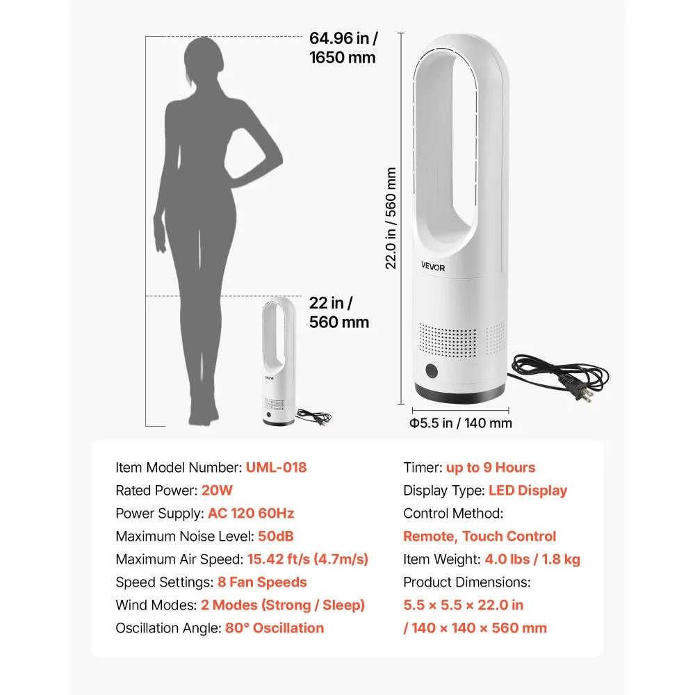 UML-018 Bladeless Tower Fan 20W – 8 Speeds, 80° Oscillation, Remote Control, White