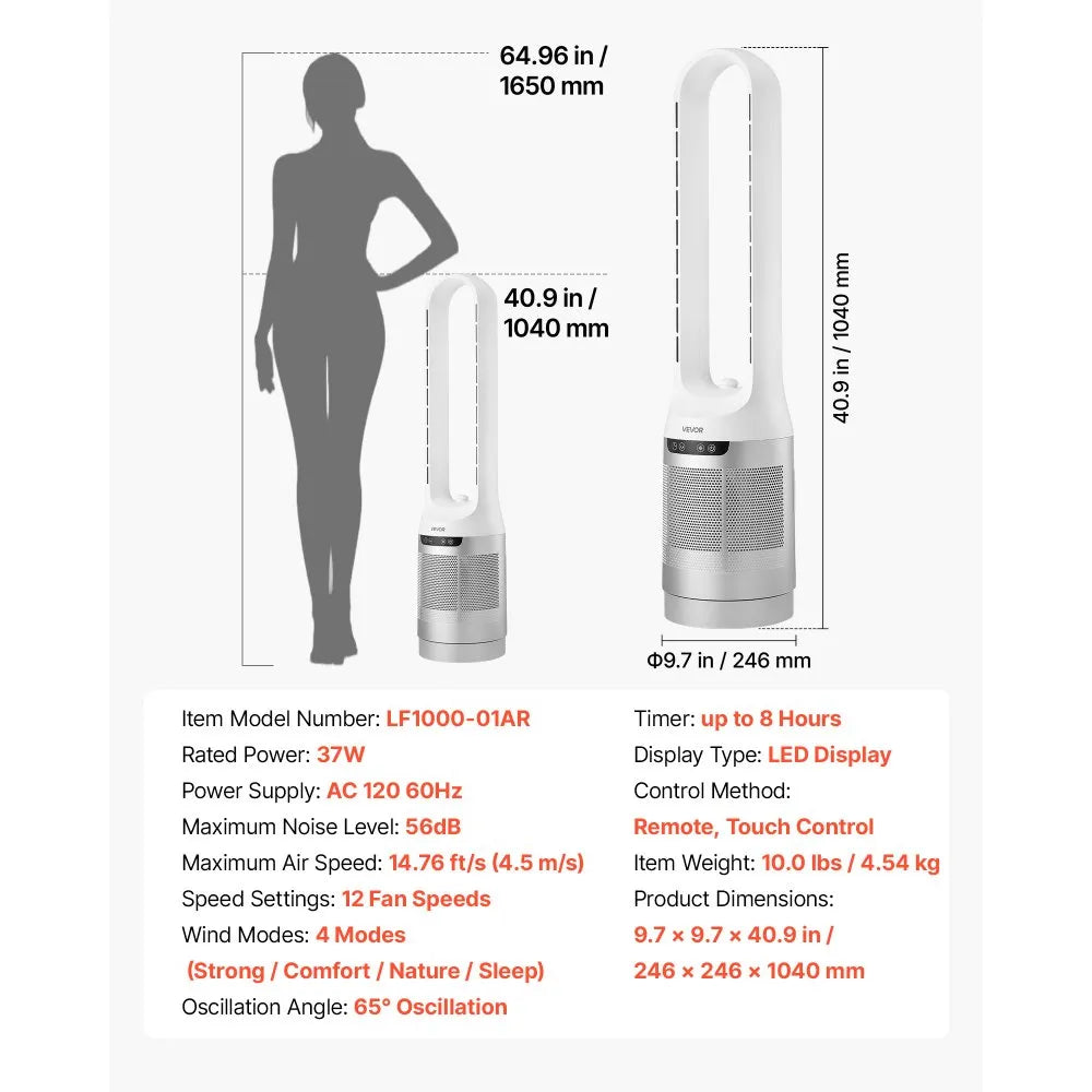 LF1000-01AR Bladeless Tower Fan 40W – 65° Oscillating, 12 Speeds, 4 Modes, Remote Control, White