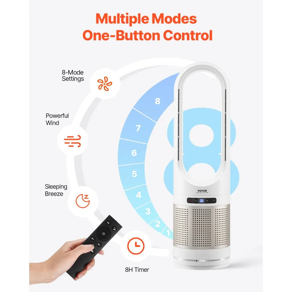 UML-046JR 34" Bladeless Tower Fan with Heater, HEPA Air Purifier, Remote & 8 Speeds