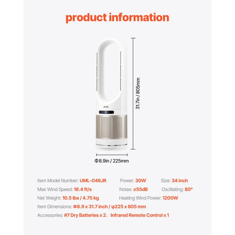 UML-046JR 34" Bladeless Tower Fan with Heater, HEPA Air Purifier, Remote & 8 Speeds